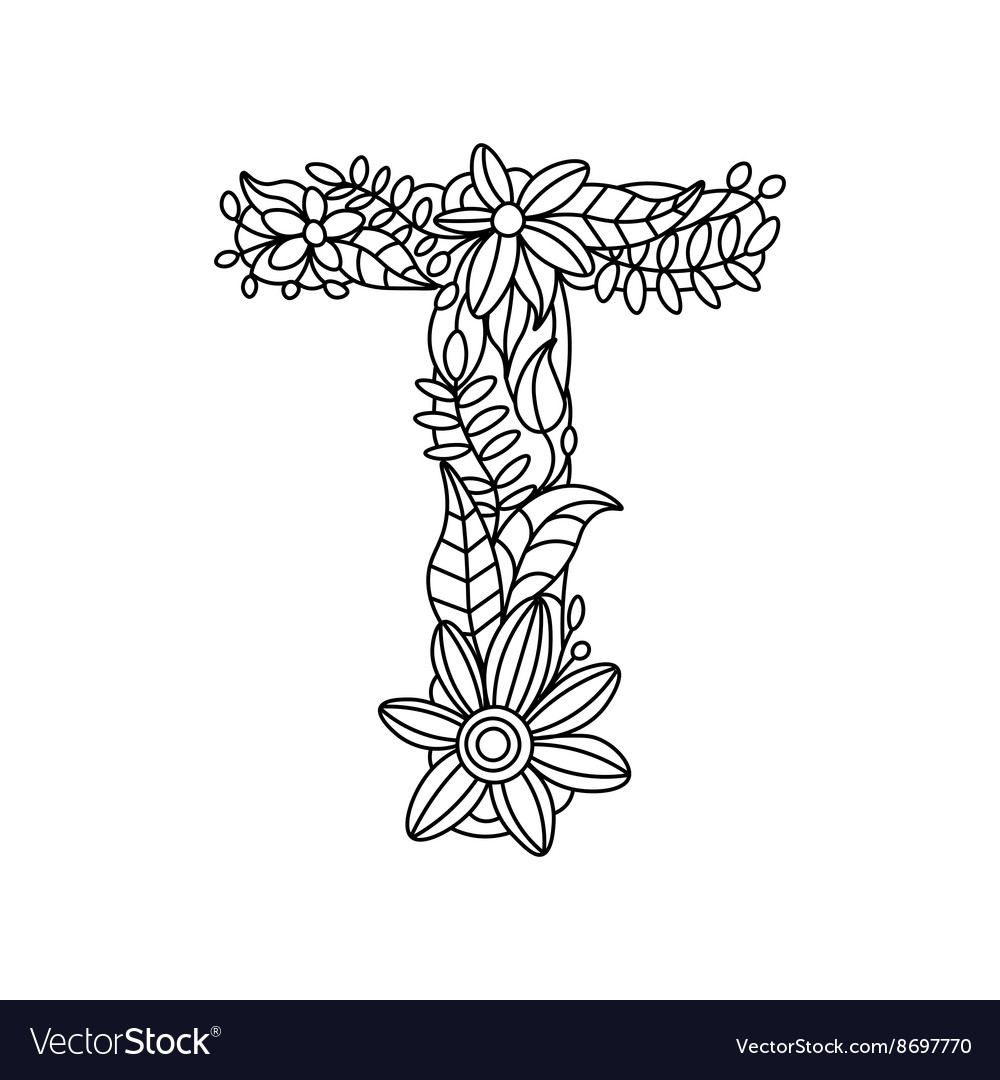 Letter t coloring book for adults royalty free vector image