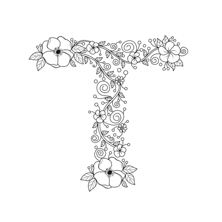 Floral alphabet letter t coloring book for adults vector illustrationhand drawndoodle style