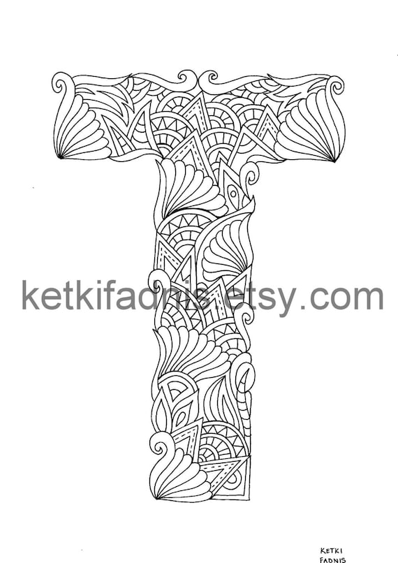 Letter t coloring page instant pdf download alphabet coloring page hand drawn diy printable coloring page letter illustration download now