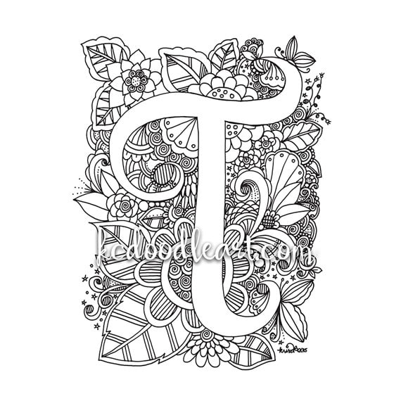 Instant digital download adult coloring page letter t