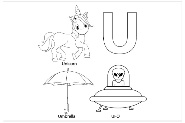 Coloring sheet from letter u for kids