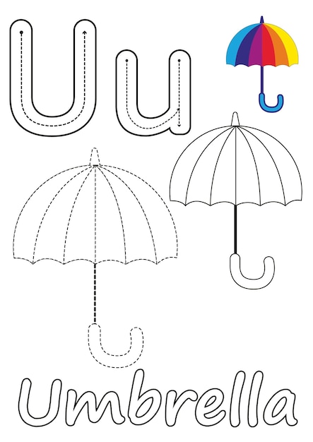 Premium vector coloring pages of umbrella and the letter u suitable for use in childrens coloring books