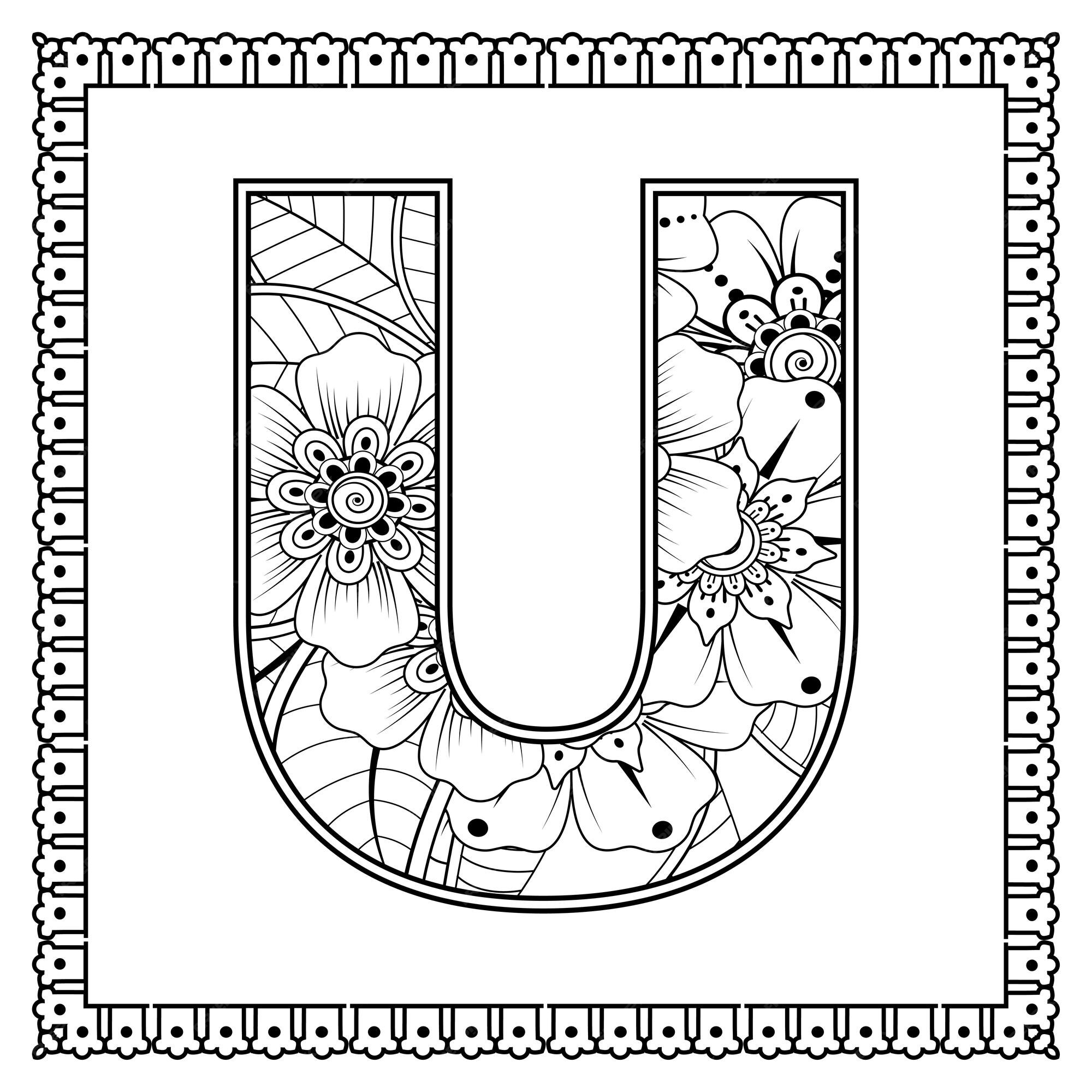 Premium vector letter u made of flowers in mehndi style coloring book page outline handdraw vector illustration