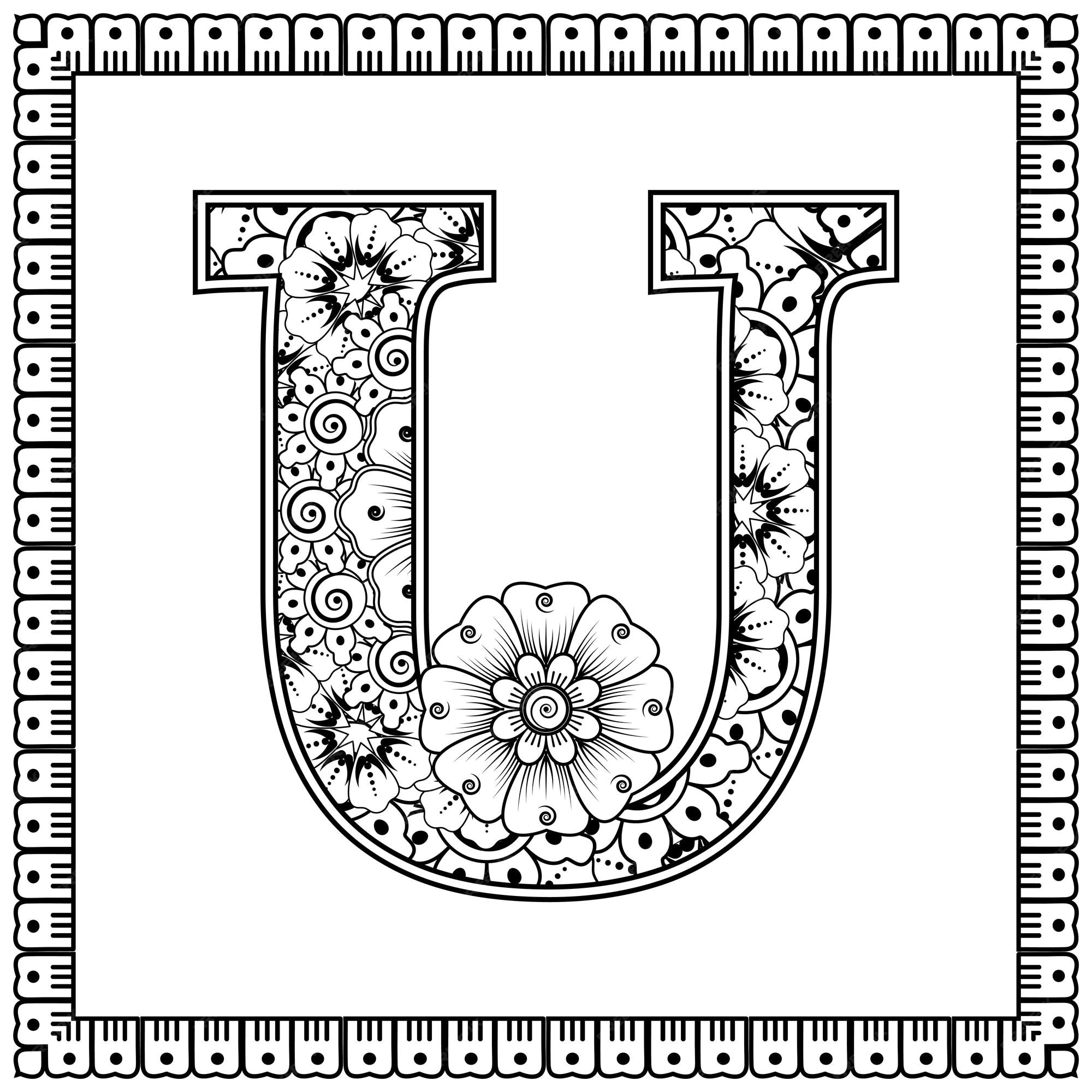 Premium vector letter u made of flowers in mehndi style coloring book page outline handdraw vector illustration