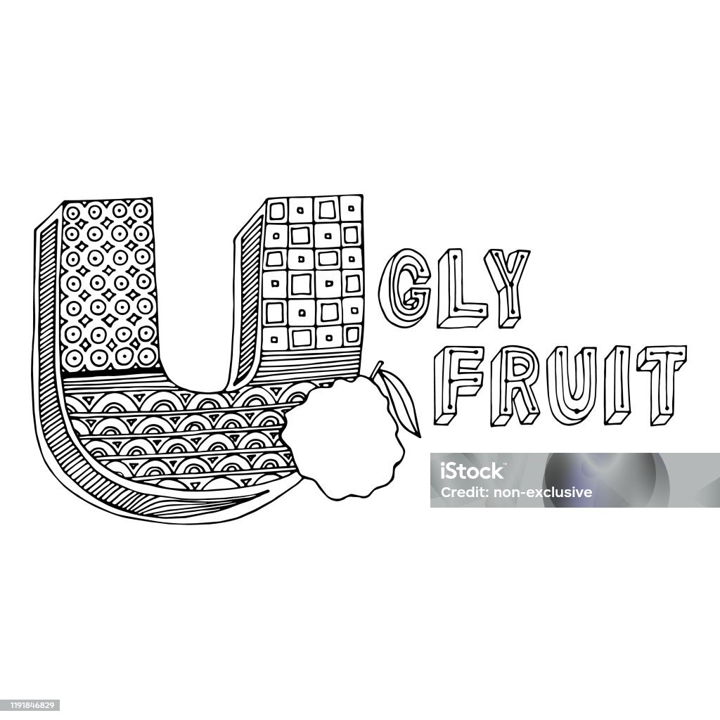 Hand drawing ornamented u letter and ugly fruit simple black outline illustration for coloring pages wallpapers prints cards posters geometric pattern on white isolated background stock illustration