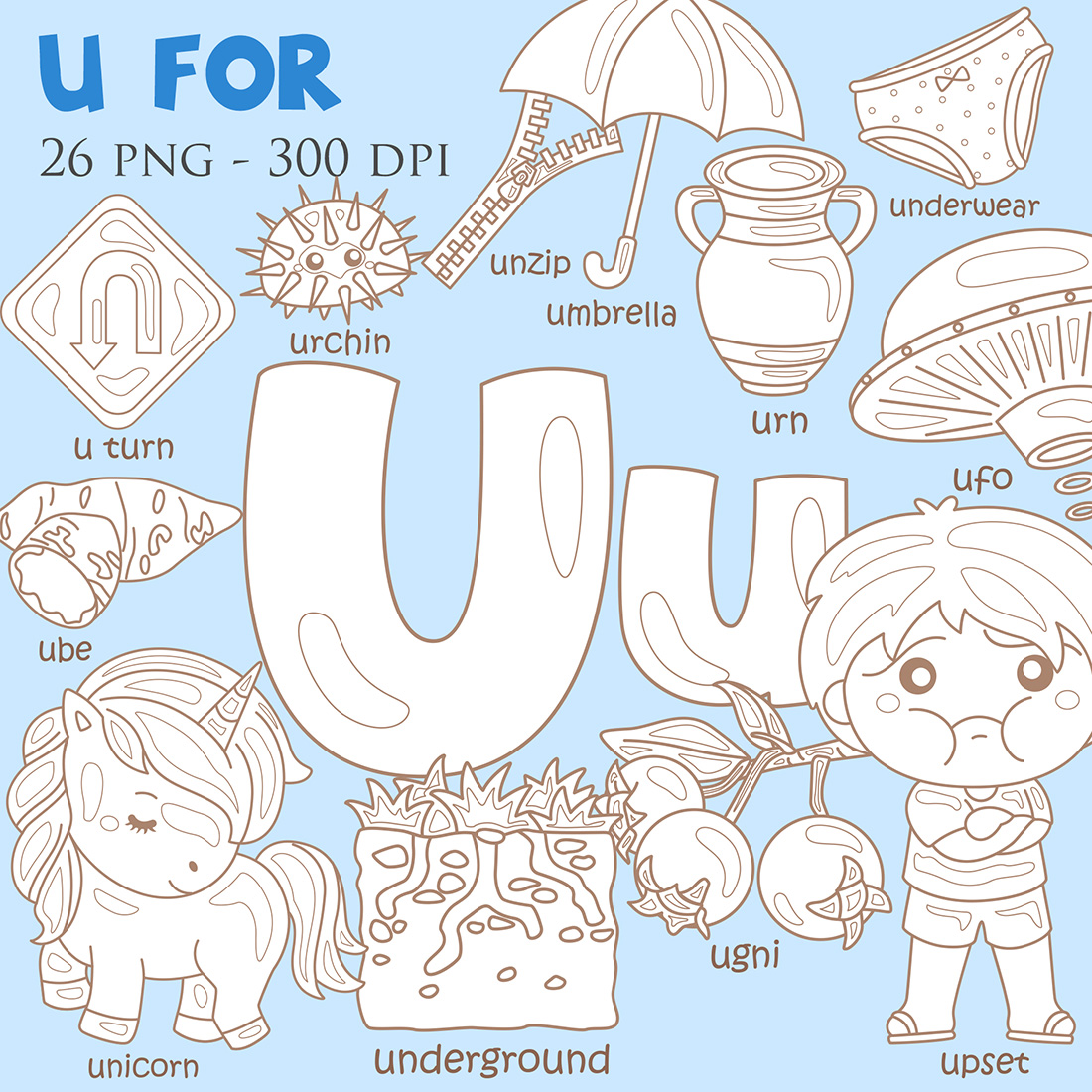 Alphabet u for vocabulary school letter reading writing font study learning student toodler kids ube u