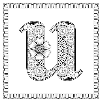 Premium vector letter u made of flowers in mehndi style coloring book page outline handdraw vector illustration