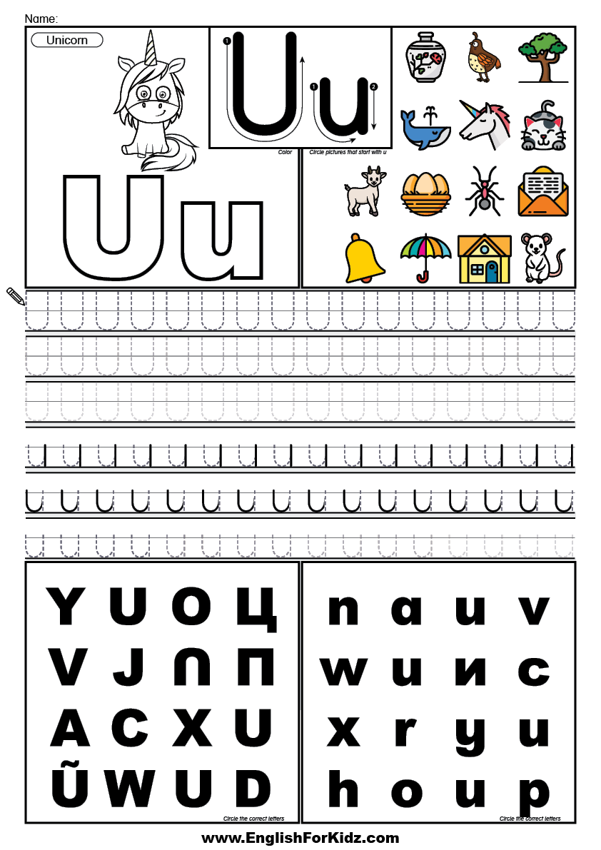 English for kids step by step letter u worksheets flash cards coloring pages