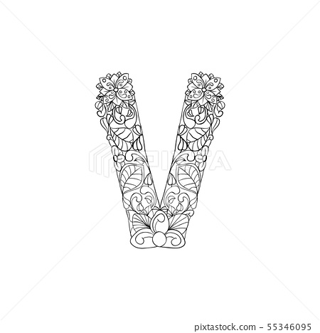 Coloring book ornamental alphabet letter v font