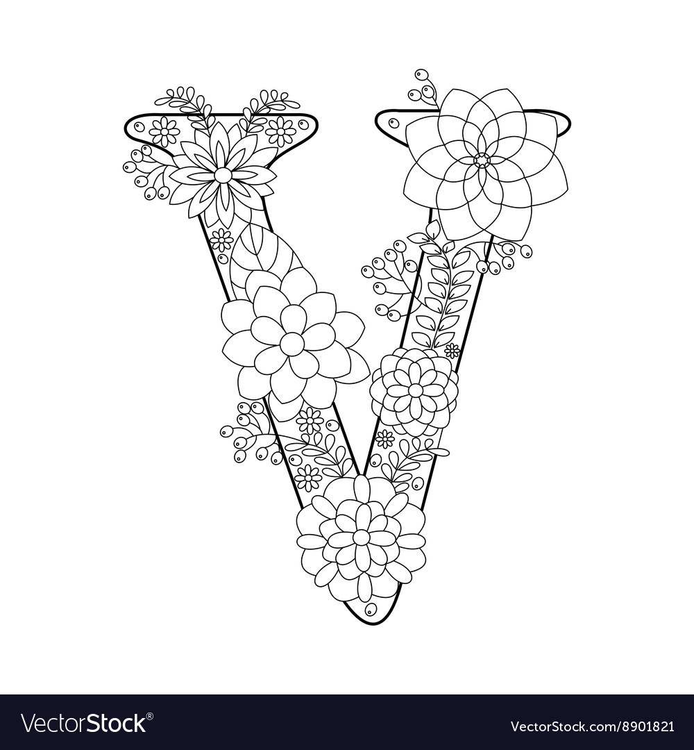 Letter v coloring book for adults royalty free vector image