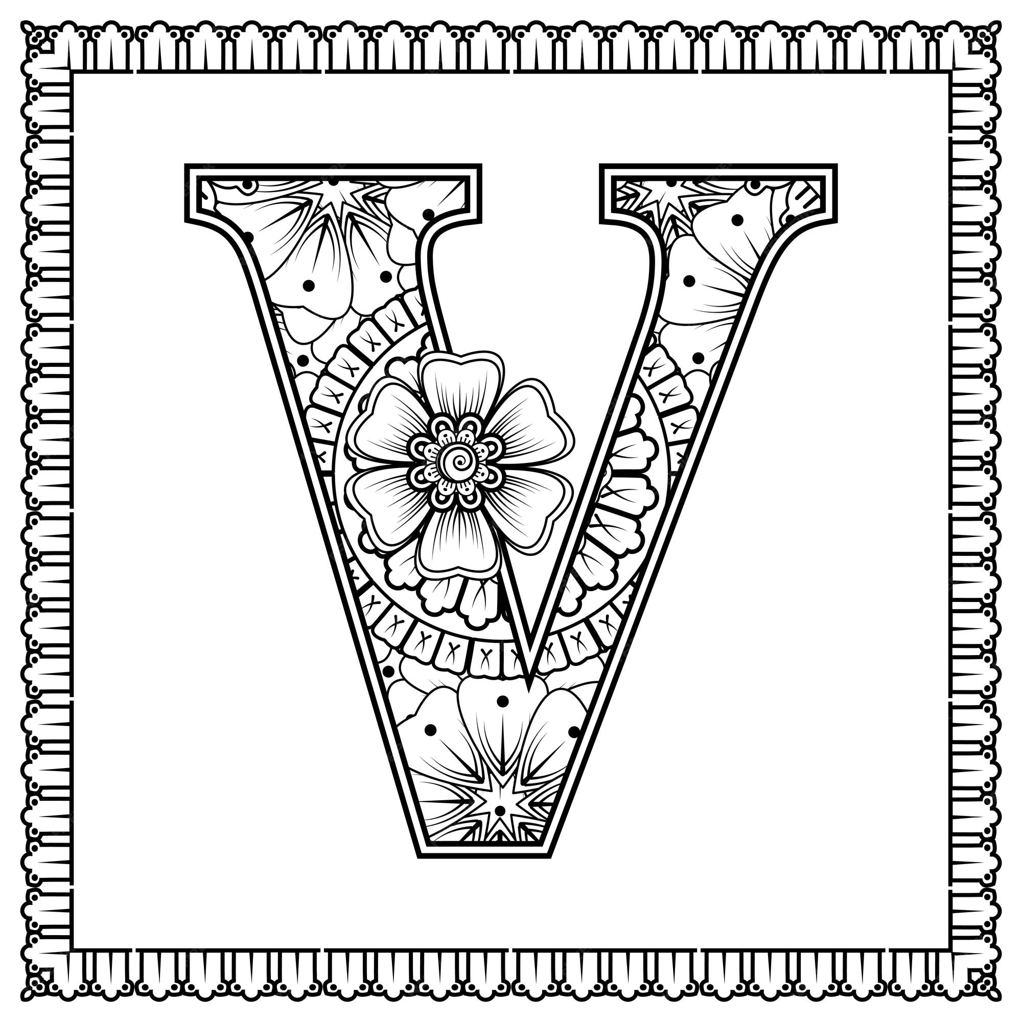 Premium vector letter v made of flowers in mehndi style coloring book page outline handdraw vector illustration