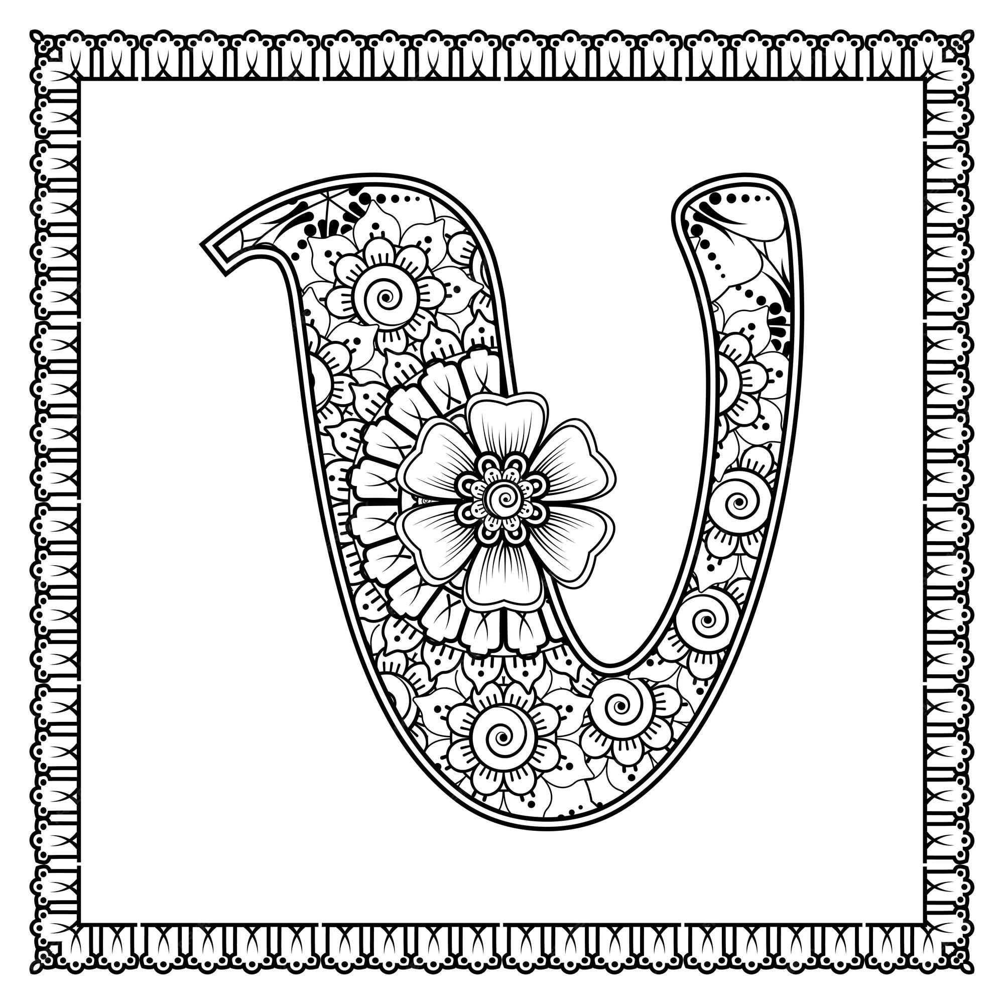 Premium vector letter v made of flowers in mehndi style coloring book page outline handdraw vector illustration