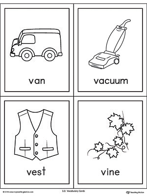 Letter v words and pictures printable cards van vacuum vest vine