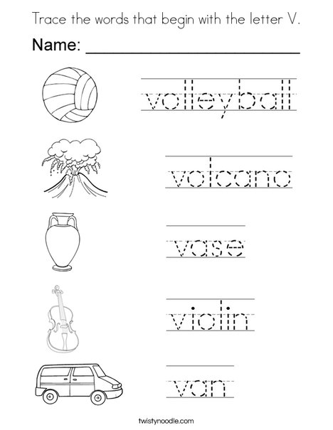 Trace the words that begin with the letter v coloring page