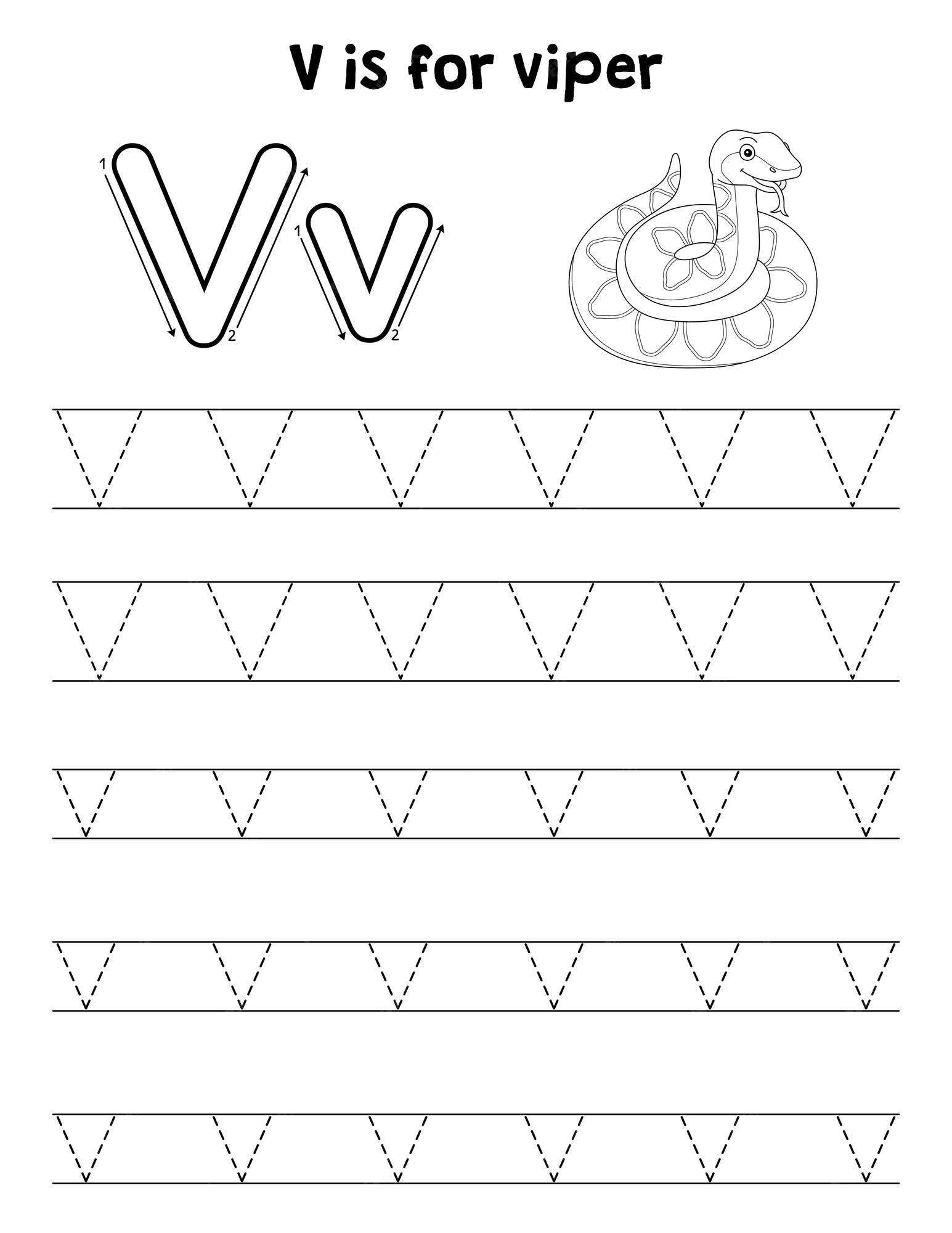 Premium vector viper animal tracing letter abc coloring page v