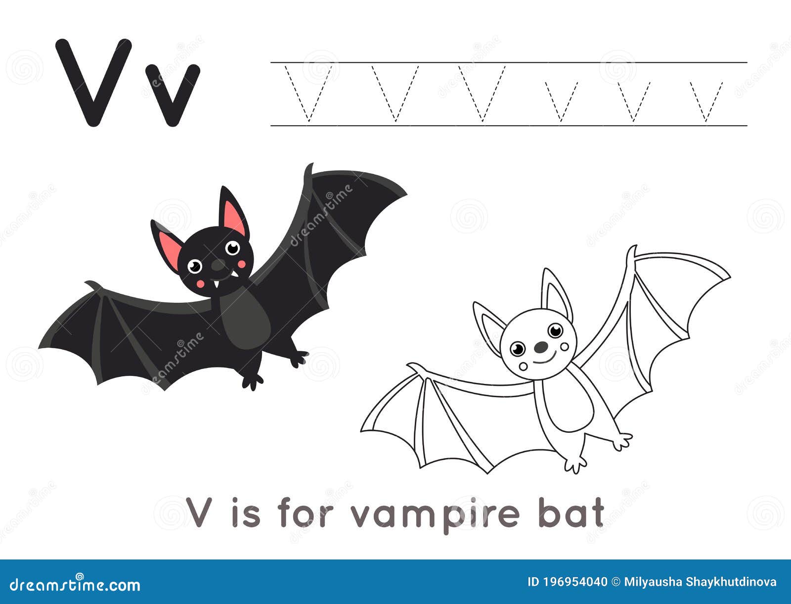 Coloring page with letter v and cute vampire bat stock vector