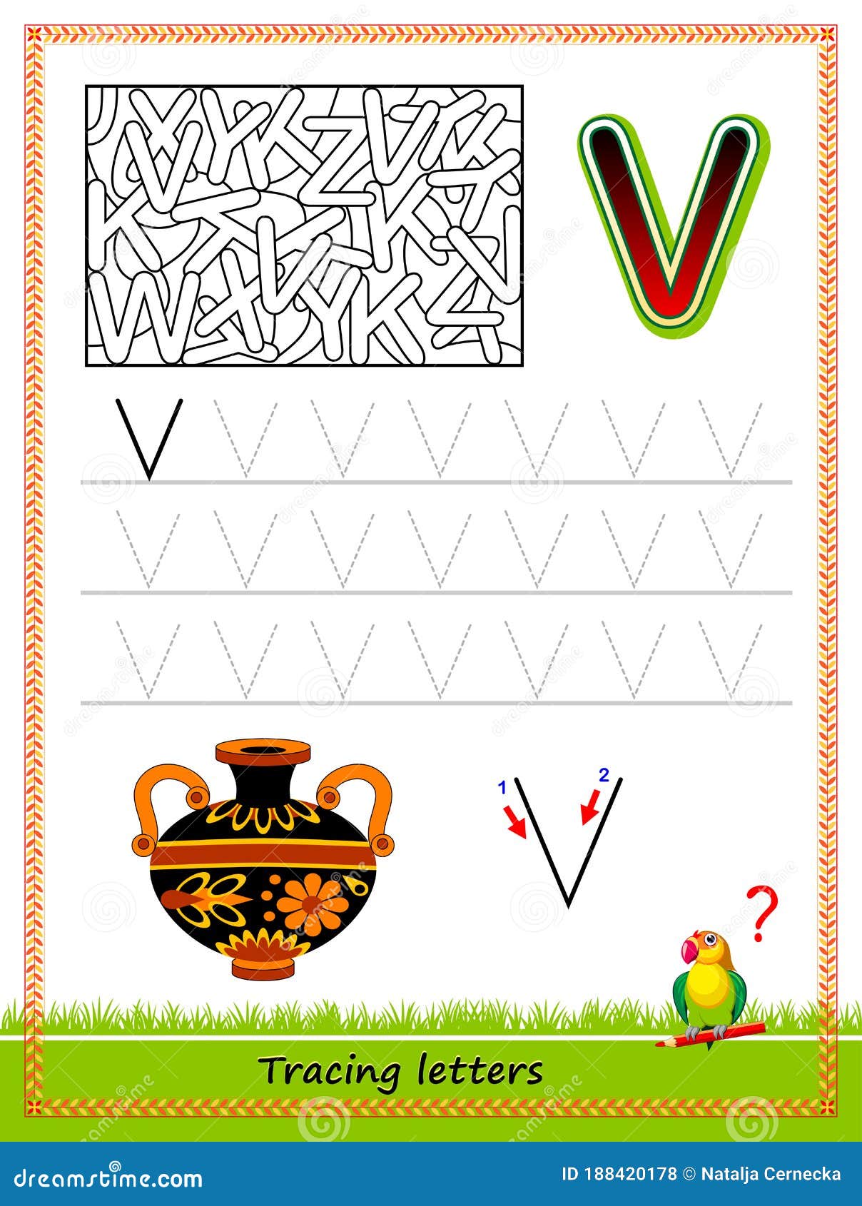 Worksheet for tracing letters find and paint all letters v kids activity sheet educational page for children coloring book stock vector