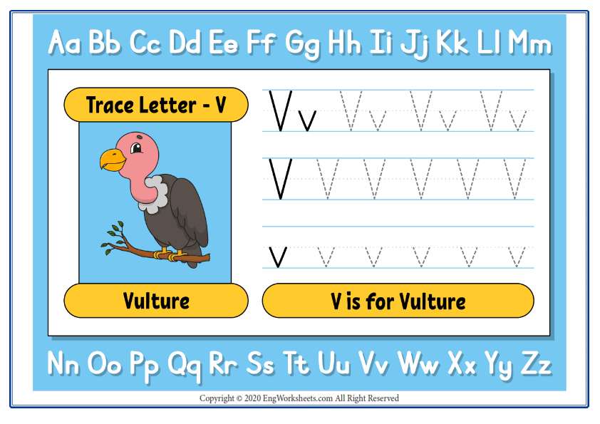 Alphabet letter v exercise with cartoon vocabulary