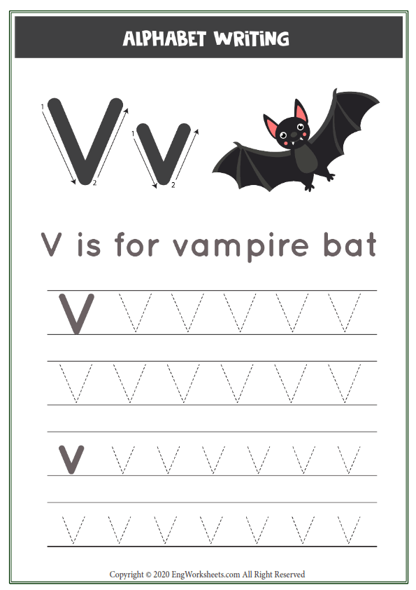 Letter v alphabet tracing worksheet with animal illustration