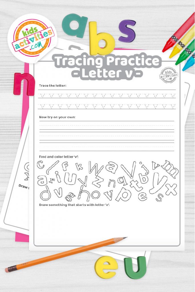 Free letter v practice worksheet trace it write it find it draw kids activities blog