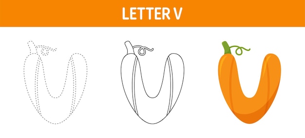 Premium vector letter v pumpkin tracing and coloring worksheet for kids