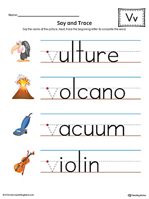 Say and trace letter v beginning sound words worksheet color