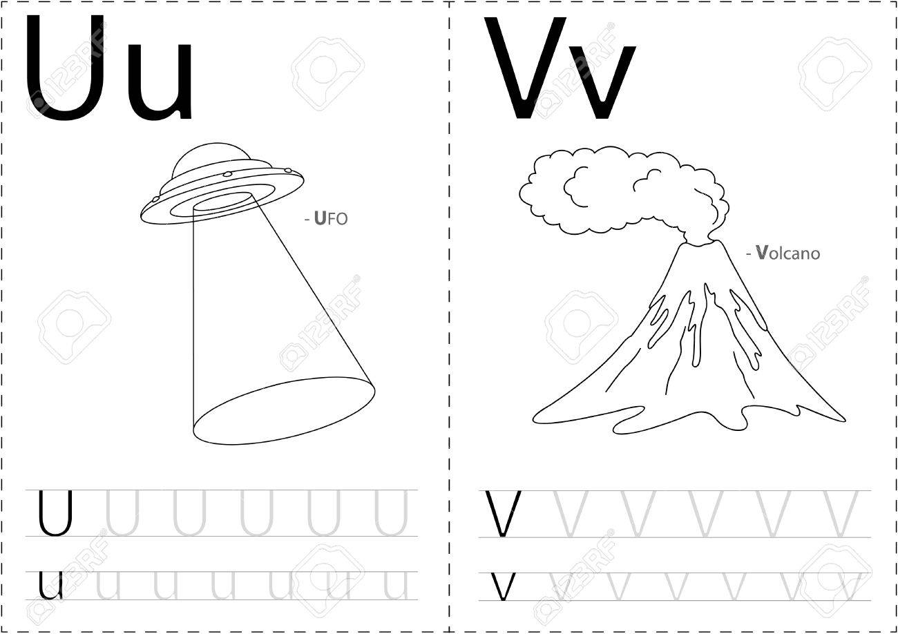 Cartoon ufo and volkano alphabet tracing worksheet writing a