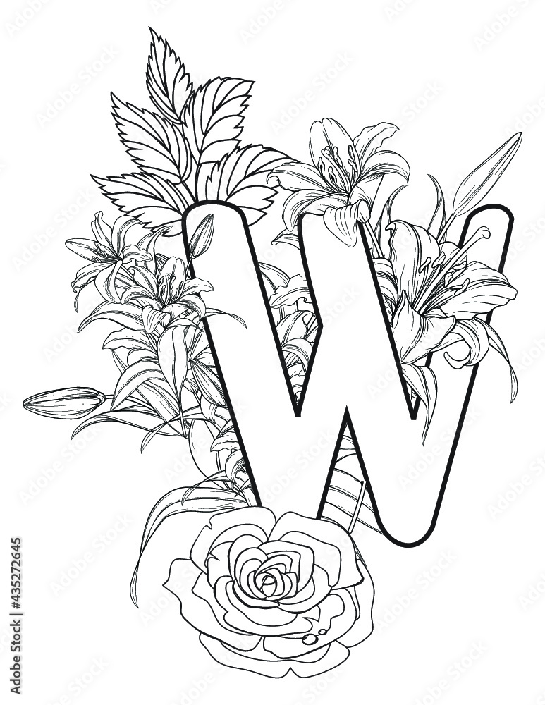 Letter w floral coloring pagealphabet coloring book vector