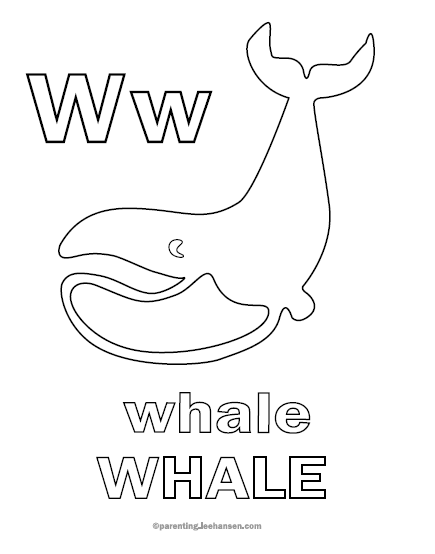 Whale letter w alphabet coloring sheet