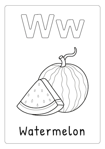 Premium vector alphabet letter w for watermelon coloring page for kids