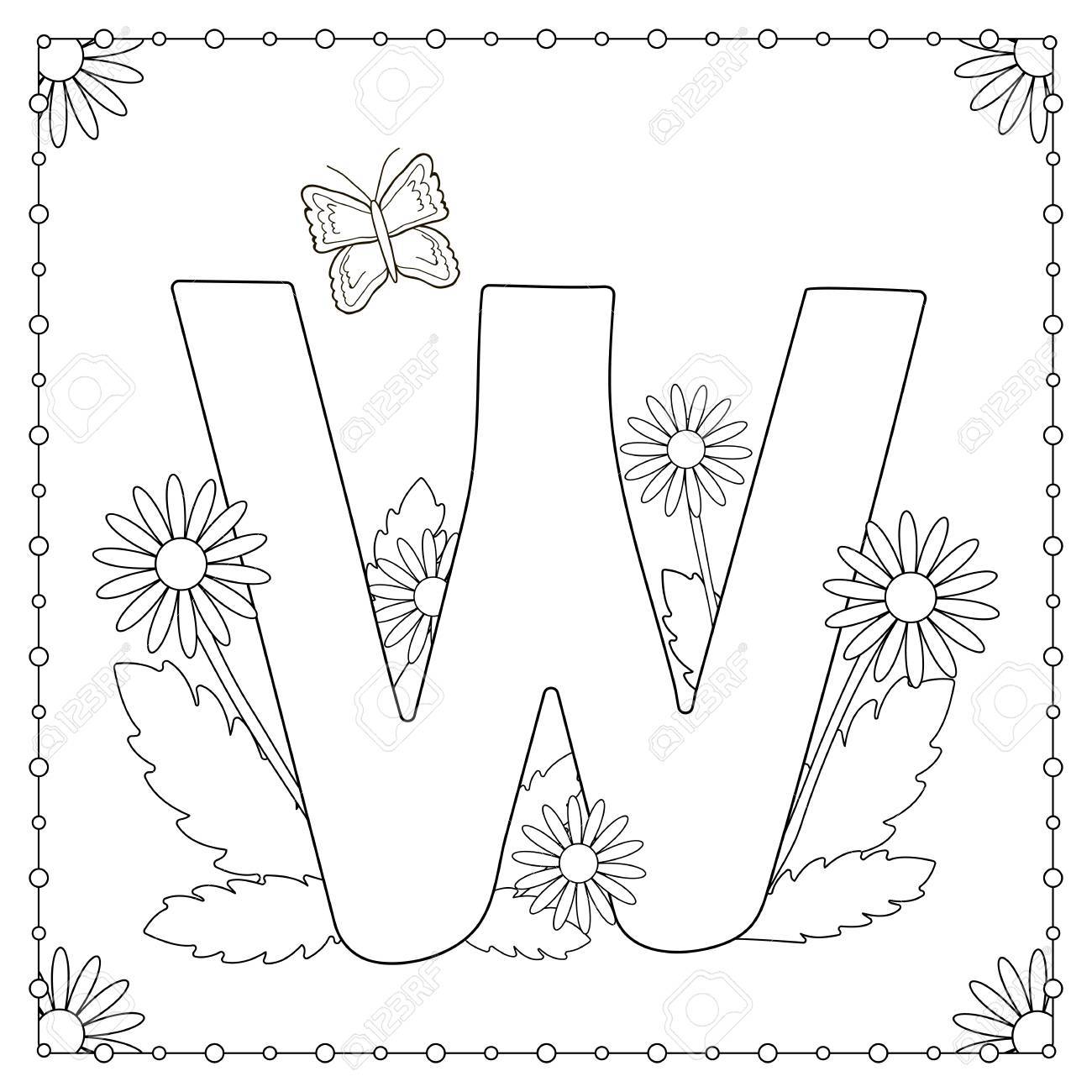 Alphabet coloring page capital letter w with flowers leaves and butterfly vector illustration royalty free svg cliparts vectors and stock illustration image