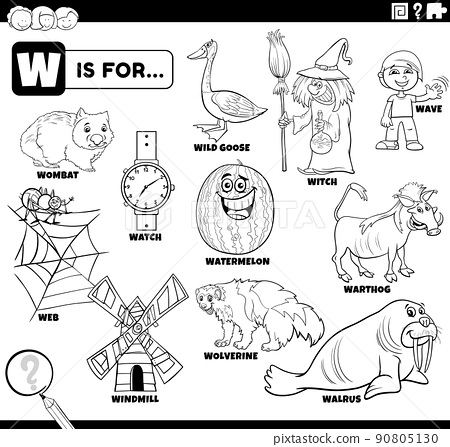 Letter w words educational set coloring book page