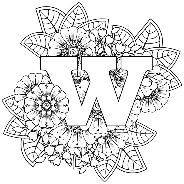 Premium vector letter w with mehndi flower decorative ornament in ethnic oriental style coloring book page