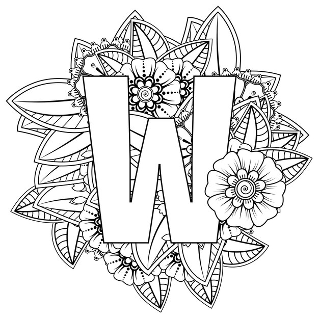 Premium vector letter w with mehndi flower decorative ornament in ethnic oriental style coloring book page