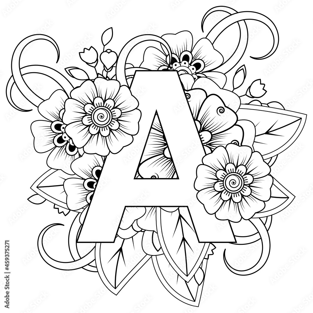 Letter a with mehndi flower decorative ornament in ethnic oriental style coloring book page vector