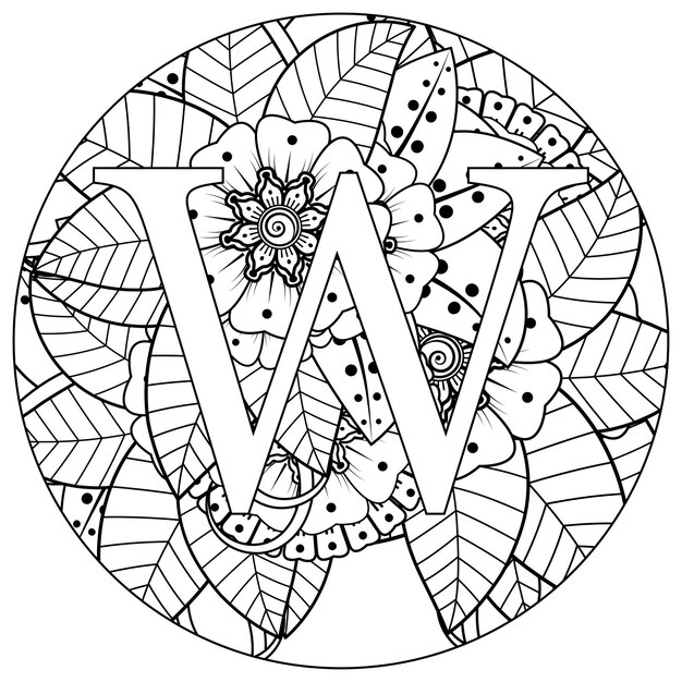 Premium vector letter w with mehndi flower decorative ornament in ethnic oriental style coloring book page