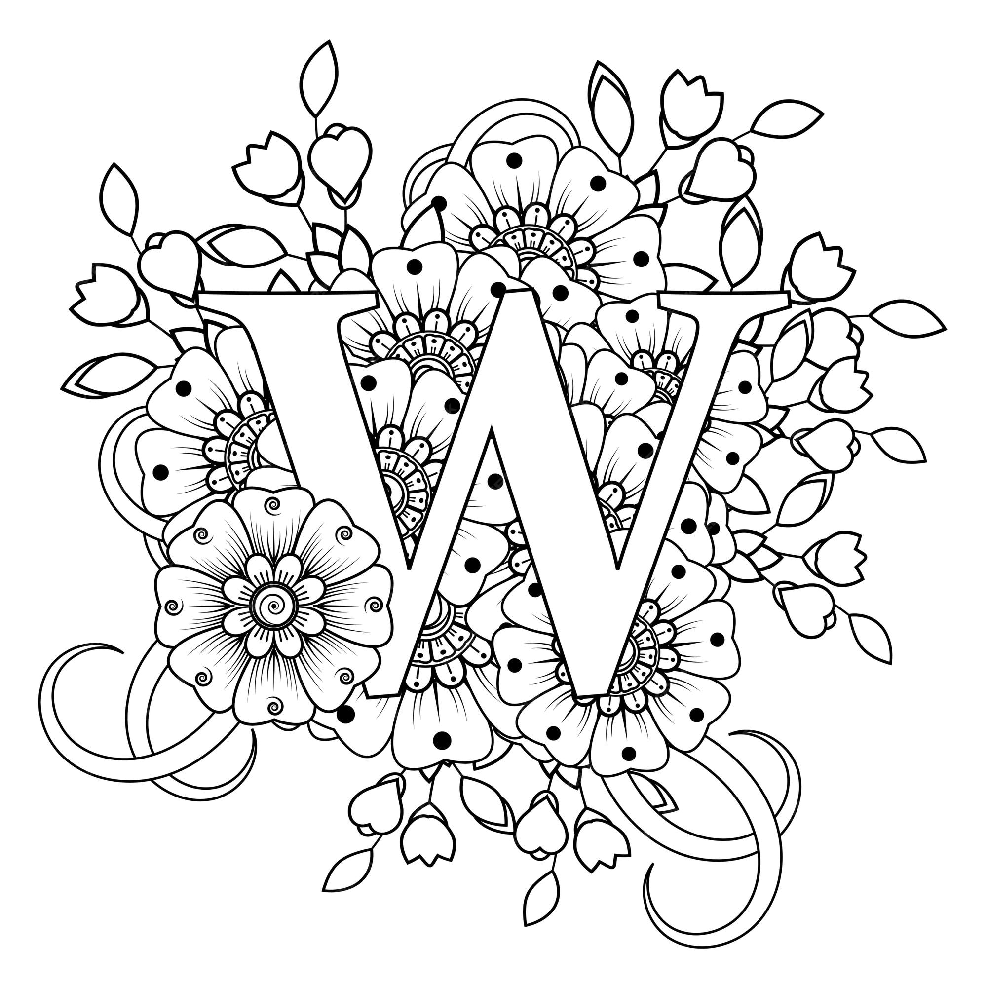 Premium vector letter w with mehndi flower decorative ornament in ethnic oriental style coloring book page