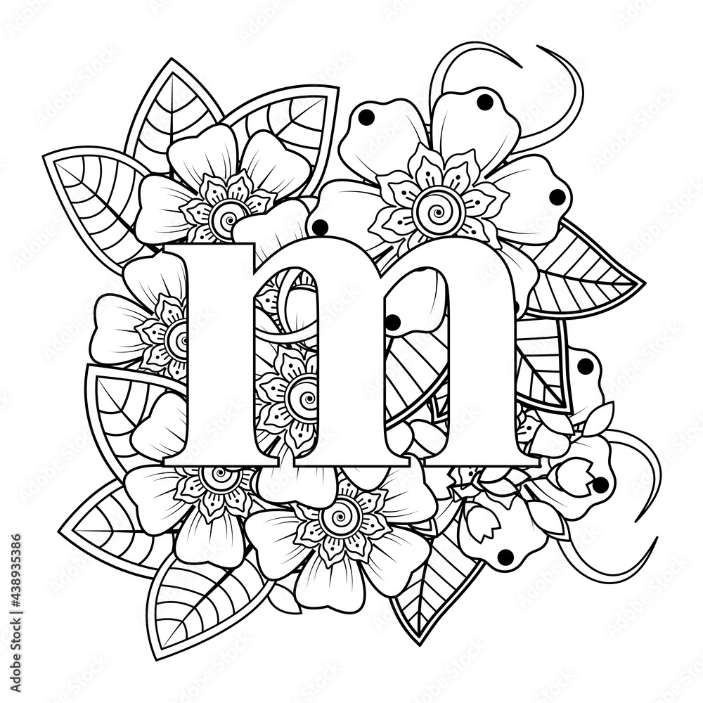 Letter m with mehndi flower decorative ornament in ethnic oriental style coloring book page vector