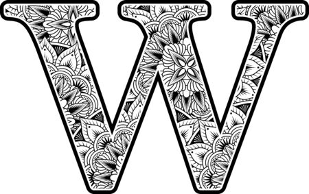 Capital letter w with abstract flowers ornaments in black and white design inspired from mandala art style for coloring isolated on white background