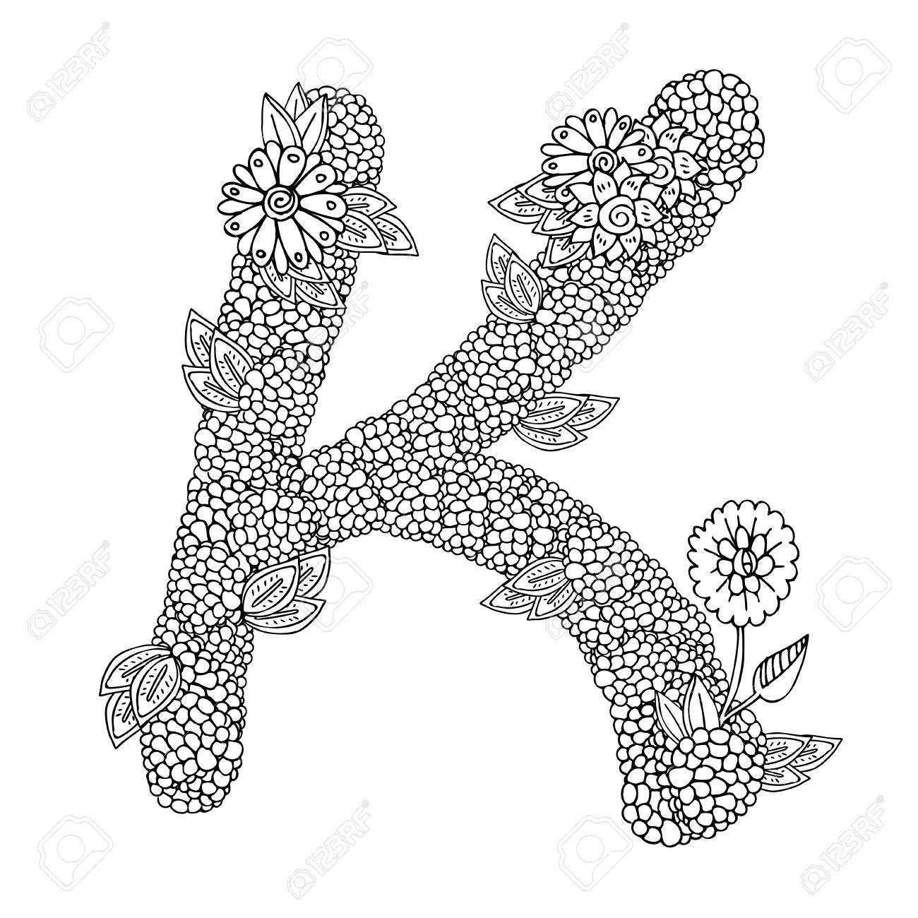 Shaped pattern of capital letter k decorated with floral ornament coloring book page for adult royalty free svg cliparts vectors and stock illustration image