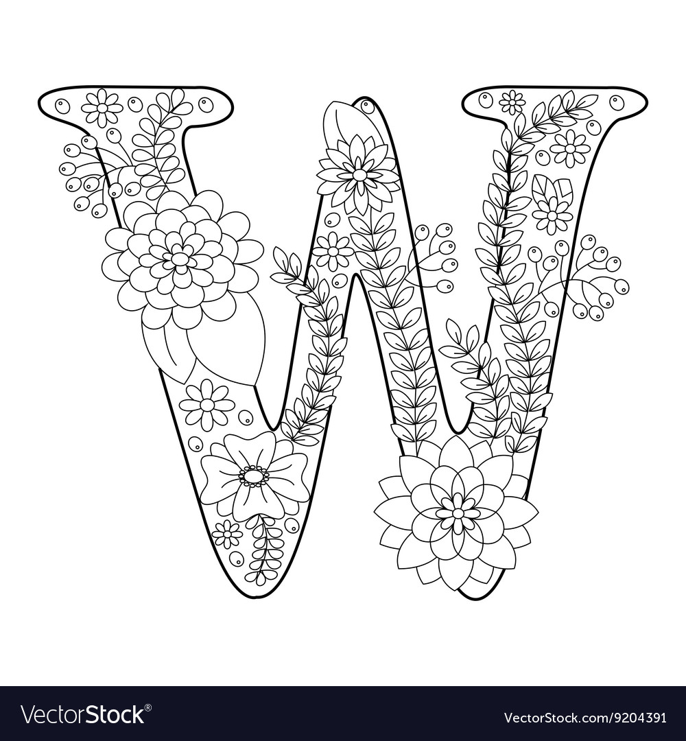 Letter w coloring book for adults royalty free vector image