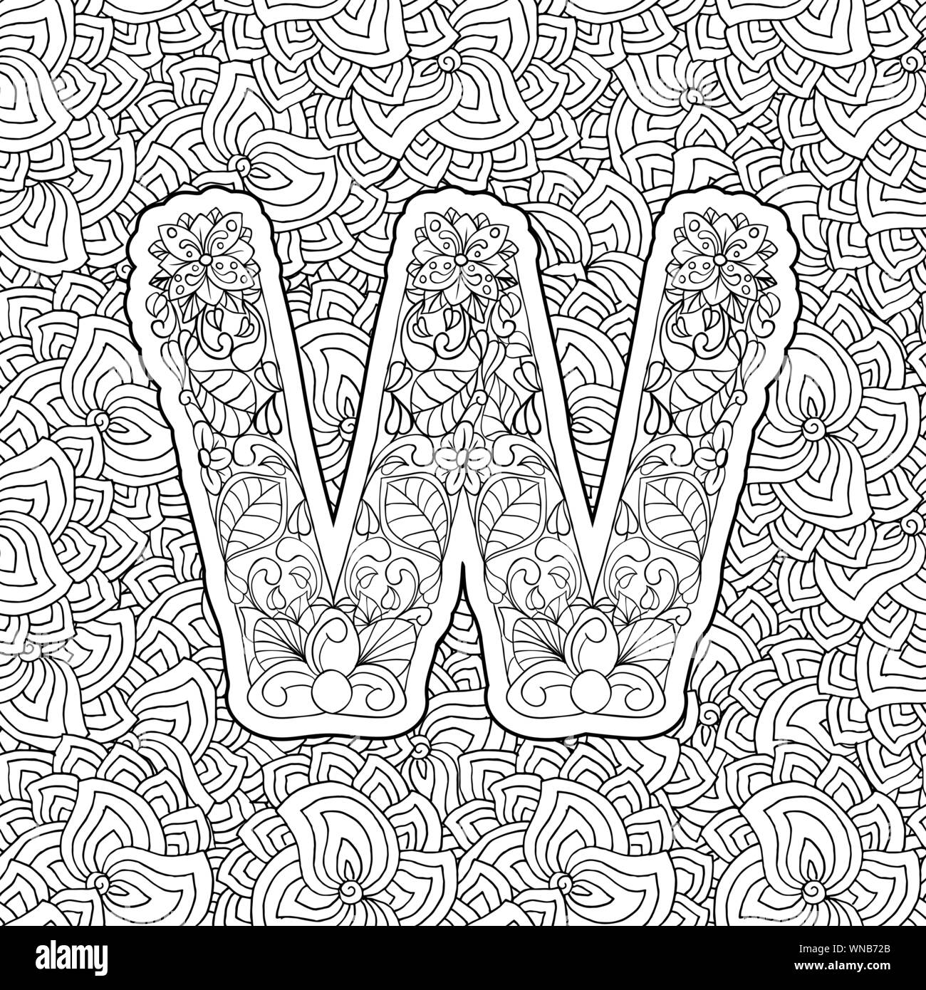 Coloring book floral ornamental alphabet initial letter w font vector typography symbol antistress page for adults and monograms isolated ornament design on patterned background stock vector image art