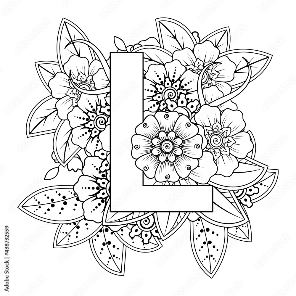 Letter l with mehndi flower decorative ornament in ethnic oriental style coloring book page vector