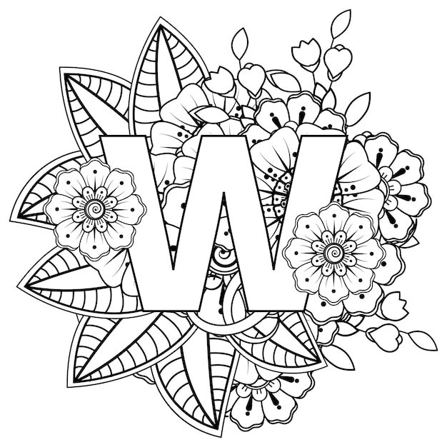 Premium vector letter w with mehndi flower decorative ornament in ethnic oriental style coloring book page