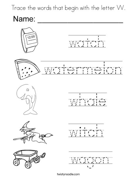 Trace the words that begin with the letter w coloring page