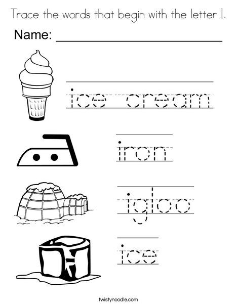 Trace the words that begin with the letter i coloring page letter i worksheet letter i handwriting worksheets for kids