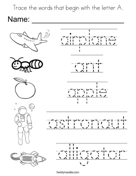 Trace the words that begin with the letter a coloring page