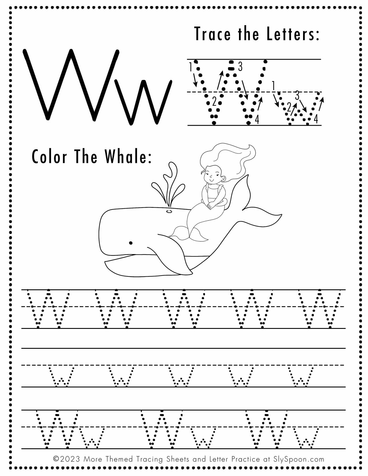 Free letter w tracing worksheet printable mermaid themed