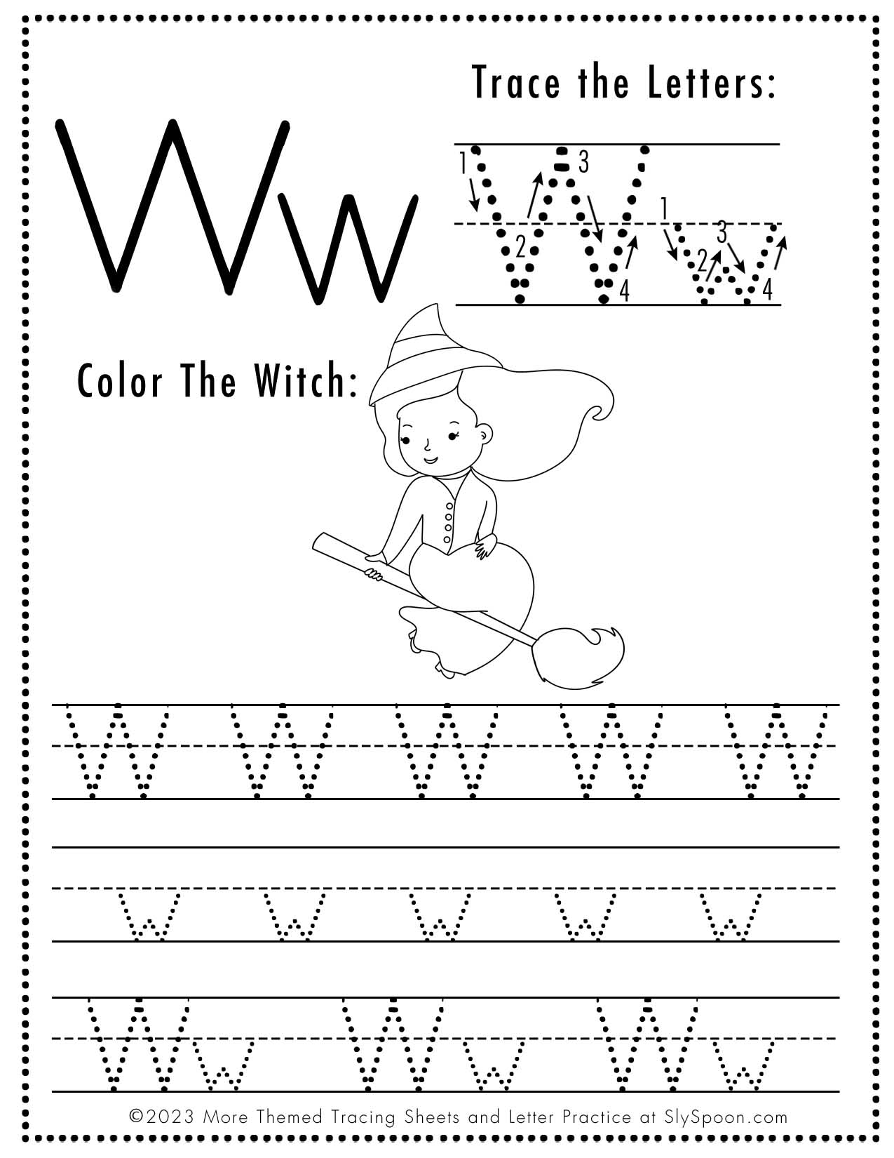 Free printable halloween themed letter w tracing worksheet