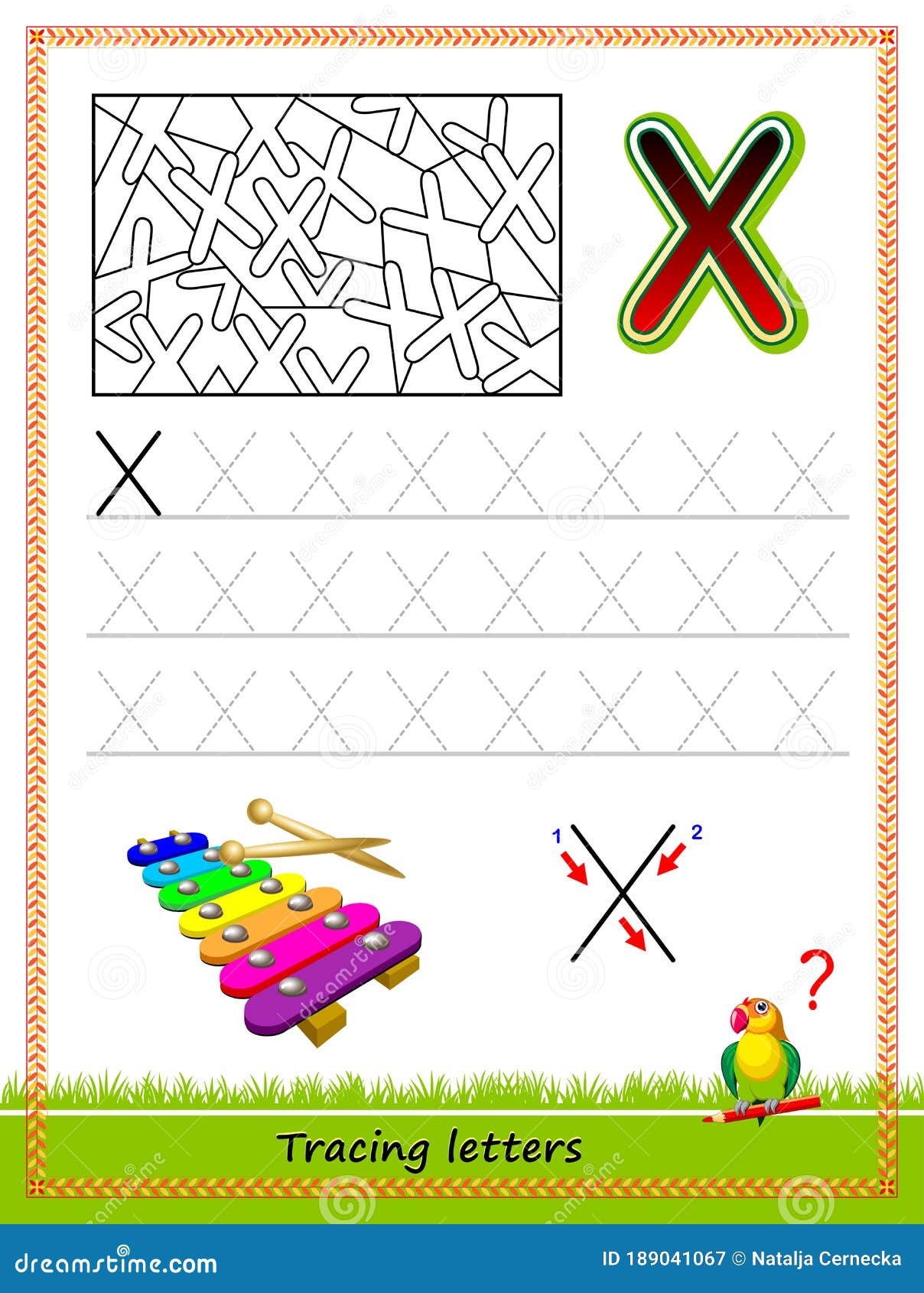 Worksheet for tracing letters find and paint all letters x kids activity sheet educational page for children coloring book stock vector